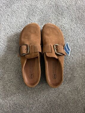 White Mountain Women Suede Slip-On Clogs in Tan Brown with Buckle
